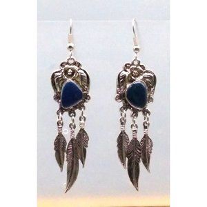 Vintage Starry Sky Stone and Feathers Earrings, Dangle Cabochon Blue Sandstone